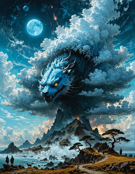 high quality, highly detailed, intricate illustration that draws inspiration from the artistic styles of Hieronymus Bosch, Katsushika Hokusai, and ZdzisÅaw BeksiÅski, The theme revolves around a surreal dreamscape where mythical creatures coexist with cosmic elements, creating a captivating blend of the fantastical and otherworldly, The color palette reflects Bosch's enigmatic use of dark, earthy tones, combined with Hokusai's mastery of vibrant blues and BeksiÅski's haunting, ethereal shades, This collaborative masterpiece would take viewers on a visual journey through a realm where the boundaries between dreams and reality blur, inviting them to explore the intricate details of a fantastical narrative that unfolds in a surreal and cosmic dreamscape, by VelvetS, awesome full color,
OverallDetailXL <lora:MJ52:0.3>  <lora:EpicF4nta5yXL:0.7>  <lora:Jugg_XL_Cinematic_Beasts:0.6>