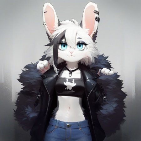 digital_media_(artwork) hi_res, score_9, score_8_up, score_7_up, score_6_up, score_5_up, score_4_up, rating_safe, beautiful, intricate, high quality details, highly detailed, amazing quality, anthro, furry, female, detailed textured fur, fur tufts, fluffy, cute, cute face, small, detailed sexy eyes, solo, SFW, rabbit, lop ears, expressive, sassy, multicolored hair, streaked hair, absurdres, highres, shirt, baggy denim pants, leather jacket, clothed slim, clothed slender, clothed skinny, goth, heavy eyeliner, heavy eye shadow, breasts, vivid colors,