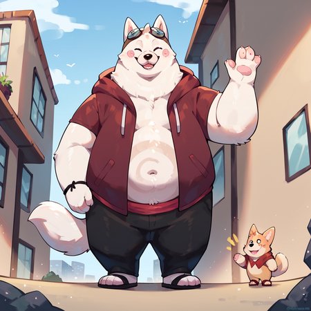 score_9, score_8_up, score_7_up, score_6_up, score_5_up, score_4_up, cori, dog, chubby, fat, hoodie, goggles, pink cheeks, sandals, white fur, looking at viewer, smiling, standing up, waving, city background <lora:Cori_Breeze_In_The_Clouds_PonyXL:0.80> cori