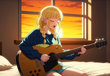 masterpiece,best quality,amazing quality,very aesthetic,absurdres,newest, huge filesize, 
<lora:spo_sdxl_10ep_4k-data_lora_webui:0.5>,anime screenshot, 2d anime,anime coloring, 
<lora:add-detail-xl:1>  
1girl, on bed, sitting, holding Guitar,closed eyes, singing, window,sunset,
<lora:Paripi_Koumei_V1:1>
Paripi_KoumeiV1,
1girl,blonde hair,
solo,braid,
long hair,bangs,
twin braids,blunt bangs,
brown eyes,p_eiko_house ,play giter
upper body,
BREAK