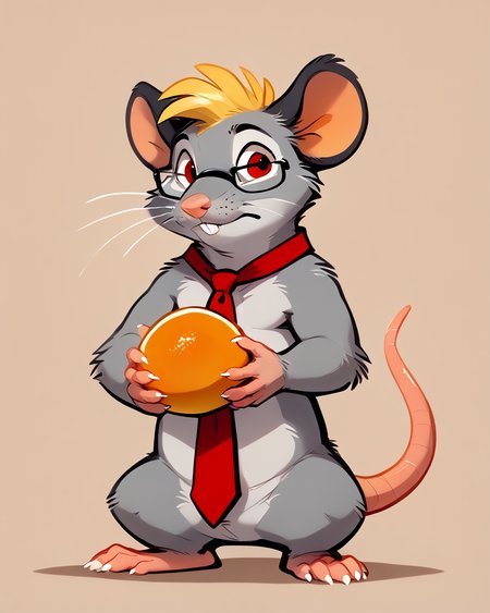 solo, full body, mammal, anthro, grey fur, blonde hair, necktie only, rat, murine, holding object, orange (fruit), glasses, simple background, red eyes, hair, yellow hair, male, hi res, fur, sketch, whiskers, teeth, hamgas, chibfurri <lora:PonyQualityV1.3:1> <lora:hamgas-v1e400:1> <lora:zackary911_XL_v1_1:0.5> <lora:chibifurry:1>