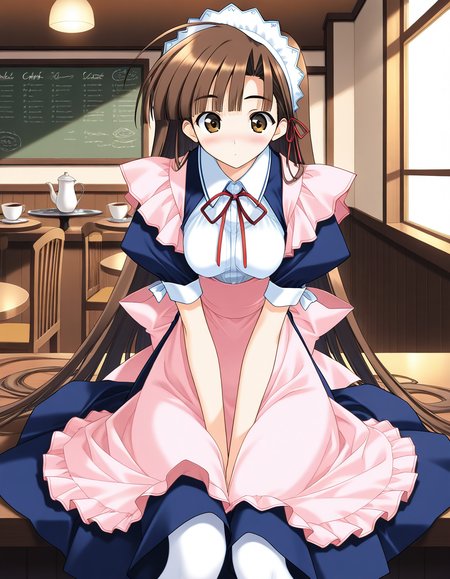 general,highres, ultra-detailed,very aesthetic,best quality ,best hands,  BREAK <lora:Mikage_Subaru_IS:1> Mikage_Subaru, 1girl,solo, brown hair, brown eyes, very long hair, bangs, medium breasts,
apron, pantyhose, white pantyhose, sitting, maid, blush, v arms, waitress, red ribbon, pink apron, red ribbon,
cafe,