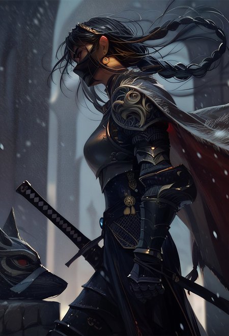 score_9, score_8_up, score_7_up, score_6_up, gwzs, detailed drawing, 1girl, armor, sword, braid, long hair, gauntlets, sheathed, earrings, sheath, black hair, jewelry, cape, mask, from side, solo, snowing, full armor, red eyes, katana