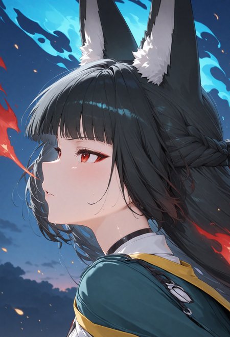1girl, masterpiece, highres, hoshimi miyabi, fox ears, red eyes, from side, head, sky, close up, blue fire, red fire <lora:add-detail-xl:1>