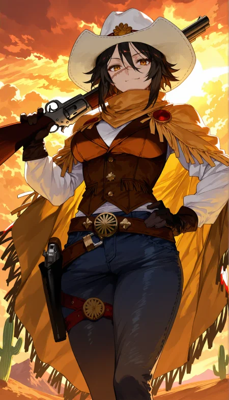1girl,solo,sugitani zenjubou \(fate\),weapon over shoulder,looking at viewer,feet out of frame,fate/grand order,fate \(series\),hand on own hip,holding weapon,holding gun,from below,standing,official alternate costume,fringe-trimmed cape,trigger discipline,revolver,shotgun,holster,rifle BREAK masterpiece,best quality,very aesthetic,aruhshura BREAK scar on nose,short hair,brown hair,thigh belt,brown belt,brown vest,white hat,long hair,poncho,thighs,smirk,boots,chaps,jeans,cigar,smile,hair between eyes,cowboy western,medium breasts,large breasts,cloak,denim,blue pants,brown eyes,black hair,cowboy hat,brown cape BREAK leather belt,closed mouth,black gloves,brown gloves,long sleeves,scar on face,belt buckle,yellow cape,yellow eyes,thigh strap,white shirt,orange eyes,fringe trim,backlighting,orange sky,cloudy sky,outdoors,mountain,red sky,sunset,desert,cactus AND rifle,holster,shotgun,revolver,trigger discipline,fringe-trimmed cape,official alternate costume,standing,from below,holding gun,holding weapon,hand on own hip,fate \(series\),fate/grand order,feet out of frame,looking at viewer,weapon over shoulder,sugitani zenjubou \(fate\),solo,1girl BREAK aruhshura,very aesthetic,best quality,masterpiece BREAK brown cape,cowboy hat,black hair,brown eyes,blue pants,denim,cloak,large breasts,medium breasts,cowboy western,hair between eyes,smile,cigar,jeans,chaps,boots,smirk,thighs,poncho,long hair,white hat,brown vest,brown belt,thigh belt,brown hair,short hair,scar on nose BREAK cactus,desert,sunset,red sky,mountain,outdoors,cloudy sky,orange sky,backlighting,fringe trim,orange eyes,white shirt,thigh strap,yellow eyes,yellow cape,belt buckle,scar on face,long sleeves,brown gloves,black gloves,closed mouth,leather belt