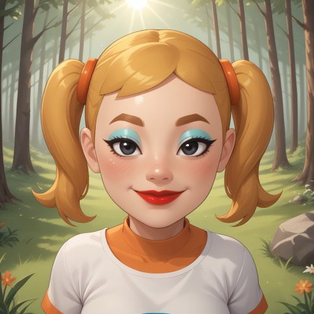 score_9, score_8, BREAK, solo, mii, wii, wii sports, 1girl, female mii, cute, attractive, blonde hair, twintails, dark blonde eyebrows, makeup, blush, blue eyeshadow, red lips, lipstick, orange clothing, white pants, breasts, Nintendo Mii, modern_mii, classic_mii, Midoriya_(OC_Mii), black eyes sexy pose, smile, outdoors, sunlight, shadows, evening lighting, natural lighting, forest, trees, grass, orange sky, sunset