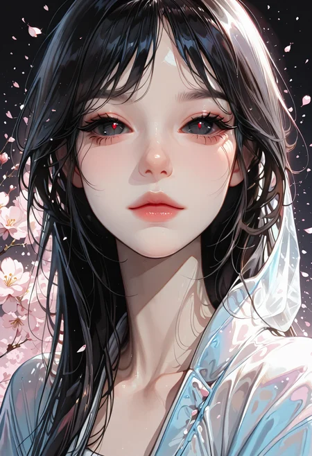 masterpiece, best quality, good quality, very aesthetic, absurdres, newest, 1girl, delicate hanfu, eye focus, Makeup, long eyelashes,Perfect face, black hair, Cherry blossom petals cover half face, Bright eyes, eye reflection,black_sclera looking_at_viewer, Close-Up, (straight on:1.2),
<lora:DetailedEyes_V3:1> <lora:USNR_STYLE_ILL_V1_lokr3:0.45> usnr <lora:ponyv6_noobV1_2_adamW:0.9> <lora:GENESIS_MK0.2:0.5>  <lora:KoreanStyleSDXLvpred10:1> AiKoreanStyle, lips, korean, asian <lora:KRGRL-IL:1>