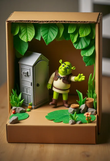 <lora:Finger_Puppet_Theater_FLUX-000013:0.9>
The image is a photograph of a whimsical, handcrafted diorama with a cardboard box set up as a stage,  featuring  Shrek walking away from an outhouse in a swamp