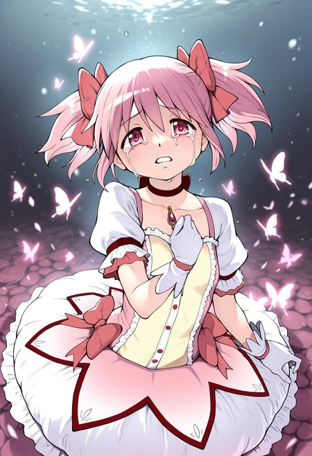 masterpiece,best quality,amazing quality,
solo, 1girl, pink hair, kaname madoka, gloves, butterfly, white gloves, twintails, choker, bug, puffy sleeves, pink eyes, tears, red choker, puffy short sleeves, short sleeves, looking at viewer, crying, crying with eyes open, frills, bow, parted lips, collarbone, skirt, hair between eyes, short twintails, dress, ribbon, hair bow, soul gem, magical girl, hand up, bubble skirt, bangs, floating hair, hair ribbon,
 <lora:Shiwasu_no_Okina:1>