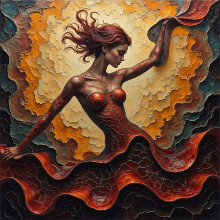 A bobble stained glass style work of art with a painterly texture, using a color scheme of deep golds, oranges, reds, and dark blues and blacks. The masterpiece depicts a stylized female figure, her form integrated into the overall mosaic structure of the painting. The figure is positioned in the center, almost seamlessly blending into the background. The pose of the body is a graceful, slightly curved pose, suggesting movement, as if flowing with the wind. The figure's form is made up of many smaller geometric shapes and appears to be sculpted from the mosaic glass material itself, rather than painted on top. Her hair is depicted as a reddish brown, suggesting fluid movement in a way that emphasizes the fluidity of the form. No clothing is visible, but the flowing lines of the mosaic around the figure's form suggest a dress-like shape. The lighting appears to be coming from within the painting, giving it an inner glow. The gold and orange tones suggest a warm, perhaps sunset-like light.
