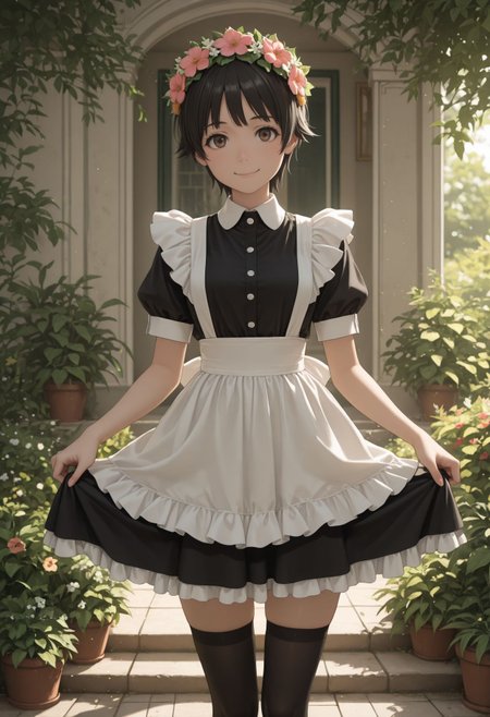 masterpiece,best quality,absurdres,highres,very aesthetic,high quality,detailed,insanely detailed,beautiful,perfect lighting, looking at viewer, looking at viewer, smile,
  <lora:Uiharu Kazari:1> 1girl, short hair, black hair, brown eyes, head wreath,  garden, standing, cowboy shot, maid, maid headdress, skirt hold, curtsey, zettai ryouiki,