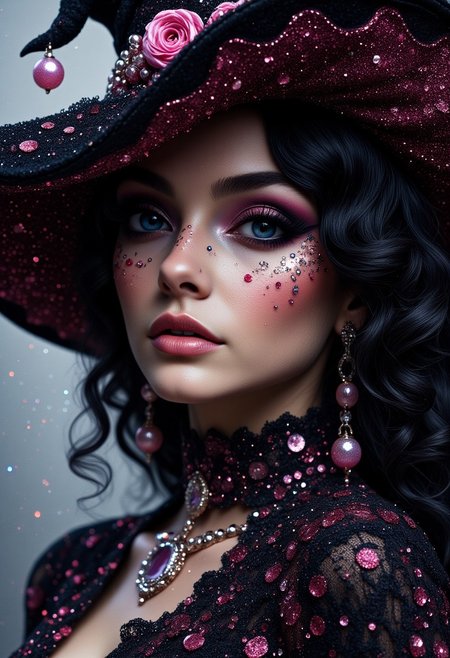 hyper detailed double exposure, beautiful whimsical  acrylic art close up portrait, ultra realistic boujee witch, with curly hair, detailed gothic dress, black and pink hyper detailed witch hat, black, black 🐱, biege💀, 🎃, in the style of keith garvey, luis royo, in the style of Bing AI, Dall-e 3, perfect colored line art, sparkles, spooky halloween background