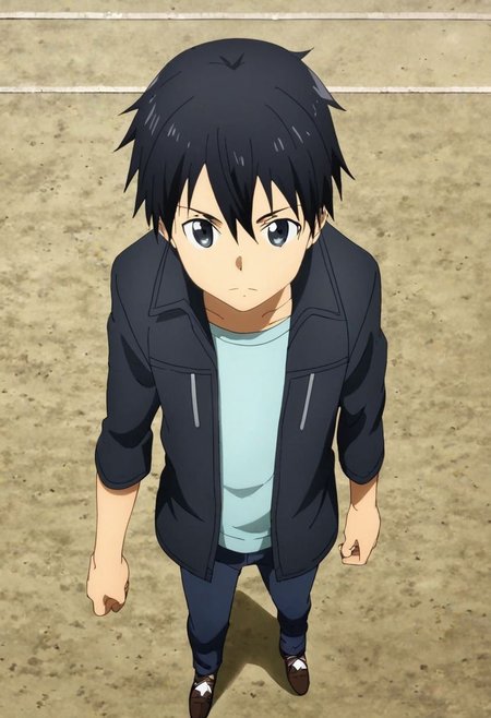 high resolution, solo, best quality, 1Boy, Kazuto Kirigaya, Black Hair, Black Eyes, casual, seen from above, gangster, dominant, intimidate, OverallDetail