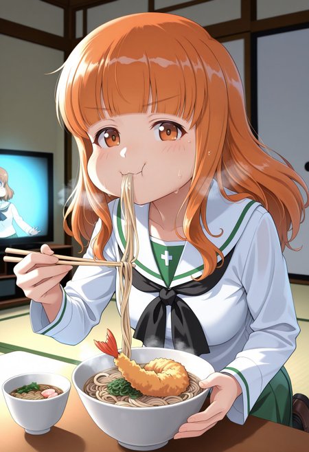 masterpiece,best quality,absurdres,highres,very aesthetic,high quality,detailed,insanely detailed,beautiful,perfect lighting, looking at viewer, 
 <lora:Takebe Saori illu v2:1>
blunt bangs, long hair, orange hair,, orange eyes,
ooarai school uniform,white sailor collar,black neckerchief,white shirt,long sleeves,green skirt,black socks,loafers
indoor, japanise style room,tatami, table, television,  soba, eating, noodles, holding chopsticks, bowl, shrimp tempura, steam, kamaboko, hand up joy, happy, smile, sweat, steam, heavy breathing, wavy mouth, =3, pouty lips, (puff cheeks:1.5),