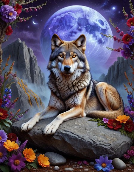 surrealist art hyperrealistic art concept art  A majestic wolf lying on a rock, surrounded by vibrant and colorful flowers. The background features a full moon, and there are golden accents throughout the scene. The flowers include red, purple, and blue blossoms, and the overall atmosphere is serene and slightly mystical. The wolf looks calm and regal, with a detailed and realistic fur texture.<lora:luxart:1>       . digital artwork, illustrative, painterly, matte painting, highly detailed . extremely high-resolution details, photographic, realism pushed to extreme, fine texture, incredibly lifelike . dreamlike, mysterious, provocative, symbolic, intricate, detailed