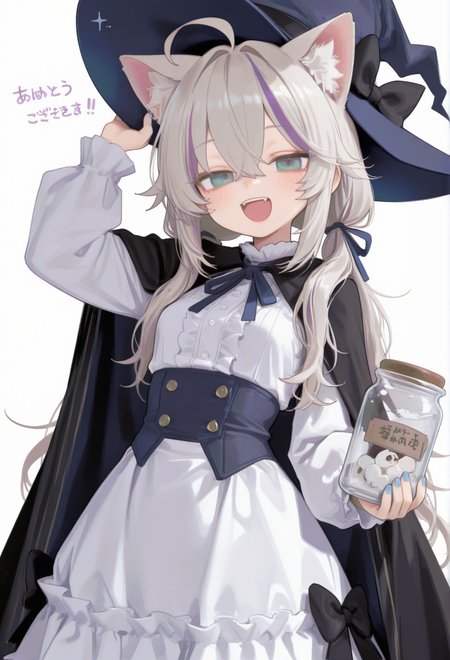  1girl, :d, animal ears, arm up, black bow, black cape,  blue hat, blue ribbon, bow, bow skirt, cape, cat ears, center frills, cowboy shot, frills, hair between eyes,  hat, hat bow, jar, long sleeves, looking at viewer, low twintails, neck ribbon, open mouth, ribbon, shirt, skirt, smile, solo, teeth, thank you,  upper teeth only, vertical-striped cape, white shirt, white skirt, witch hat,(silver hair:1.2), long hair, low twintails, hair ribbon, messy hair,(purple streaked hair,purple streaks:1.5),ahoge,
((multicolored eyes, green eyes, aqua eyes,(aqua-green gradient eyes:1.2),), sharp eyes, fang, jitome, petite, small breasts,(light_blue_nails:1.2),,rong_hui, hara21, masterpiece,best quality,newest,highres,absurdres,incredibly absurdres,very awa,very aesthetic,extreme aesthetic
