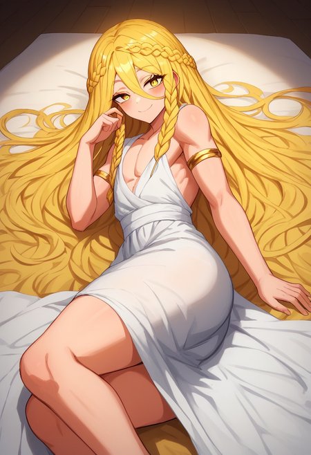 (masterpiece, best quality, pretty face, anime), absurdres, high resolution, highres, highly rated, AddNet Weight 1: 0.6, ((alone, 1femboy, male erotica, solo, Score_9, Score_8_up, Score_7_up , miquella, blonde hair,crown braid,multiple braids,yellow eyes, white robe, gold armlet)), (kind, smile, bare thighs, laying down, butt, wide body, lack eyes, dynamic, relaxed, eyelashes,heaven background, pov, lazei)