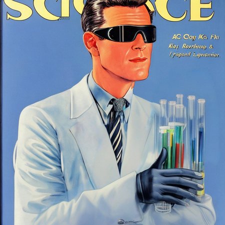 The cover of popular science with test tubes and a man wearing safety goggles 1955 SCG768-illustrate