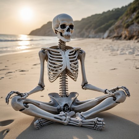 (((Ultra HD Details))) a professional photography of a skeleton meditation, seashore background, deep meditation, sitting cross-legged, ethereal, HDR, extremely detailed