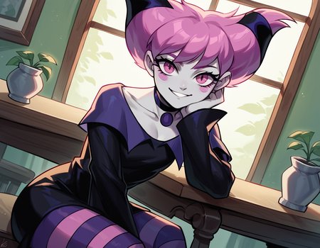 score_9, score_8_up, score_7_up, source_anime, <lora:jinx-dc-ponyxl-lora-nochekaiser_r1:1>, jinx, jinx (dc), colored skin, grey skin, hair horns, pink eyes, pink hair,, choker, long sleeves, pantyhose, striped clothes, striped pantyhose, black dress, wide sleeves, collarbone,, indoors, smile, looking at viewer, solo, sitting, head rest, table,, cowboy shot, dutch angle