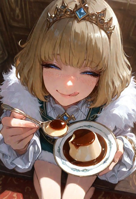 masterpiece, best quality, good quality, very awa, newest, highres, absurdres, uncensored, 
Good quality, newest,1femboy, time travel
BREAK
detailed background, eyelashes, looking seductive, coy. dynamic action image, detailed face, detailed eyes, direct mesmerizing gaze,  solo, from above, (sitting, holding spoon, eating, hand on pudding plate, ) 
^o^, closed eyes, smile, licking lips, exited, close-up:0.8
BREAK
(sexy, slutty, hot, aroused), ((solo))
1femboy, freckles, short wavy hair, bob cut, brown-blonde hair, cute, petite, portrait, blue eyes, bob cut, light skin, prince boy, golden jewelry, tiara, full body, perfect face, perfect eyes, casual clothes, intricate detail, absurdres, detailed face, detailed eyes, Expressiveh, skin ornaments,