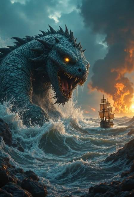 Highly detailed and dramatic digital artwork featuring a dramatic scene at sea. The layout is dynamic, with a massive sea serpent emerging from turbulent waters, its scales glistening in shades of blue and green. The creature's eyes glow ominously, and its mouth is open wide, revealing sharp teeth. In the foreground, a small sailing ship is dwarfed by the serpent, its sails billowing in the stormy wind. The background features a fiery explosion on the water, casting an orange glow against the dark, stormy sky. The overall color palette is a mix of dark blues, grays, and fiery oranges, creating a sense of tension and danger. The image is highly detailed, with realistic textures on the serpent's scales and the churning sea, enhancing the sense of realism in this fantastical scene. aidmafluxproultra