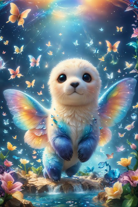 a cute baby seal with butterfly wings flying over a rainbow wonderland.,
photography, Natural geographic photo, Hyper-realistic, 16k resolution, (masterpiece, award winning artwork), many details, extreme detailed, full of details, Wide range of colors, high Dynamic,
<lora:add-detail-xl:2> <lora:SDXLFaeTastic2400:0.8> Faetastic  <lora:zhibi:1> zhibi, <lora:ArsMJStyle_-_CuteSDXL:1> ArsMJStyle, Cute