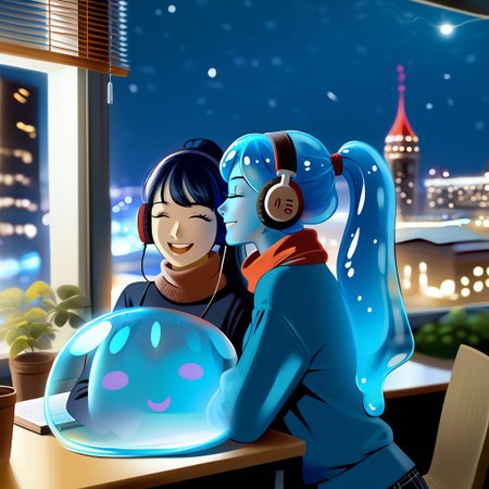 {1woman, lfg, sweater, scarf, pants, headphones, working at desk next to window, attractive:1.5, lofi girl, long blue-black hair:1.5, ponytail hairstyle},
cityscape outside window, indoor scene with a window, happy slime friends around desk and window, night time, night scene, 
((translucent slime)), ((transparent slime)), (bioluminescent slime), sl1m3d, slime, slime-morph, saturated colors,