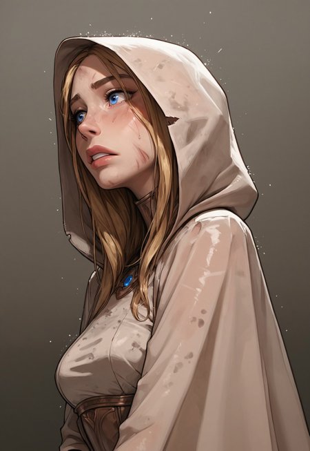 (score_9, score_8_up, score_7_up). (line work, excellent drawing, highest quality, extremely detailed:1.2). solo, 1girl, 24 year old woman, Battle Cleric, saint, vestal, hood, armor, religious, medium breasts, glossy lips, long lashes, blue eyes, blonde hair, innocent, cute face, pale skin, soft skin, scared, determined, injured, slut face, nympho, horseriding skirt, fantasy, dnd, g0thicPXL, romantic, source_cartoon, depth of field, medium distance, cowboy_shot, semirealistic, dynamic angle, side view, in profile, dark background, raining, torn clothes, muddy clothes, pinup pose,