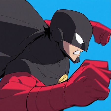 <lora:RED_ROBIN:1>red_robin_bu, solo, 1boy, gloves, upper body, male focus, teeth, belt, blurry, cape, from side, profile, mask, bodysuit, clenched teeth, clenched hands, motion blur, black cape, white eyes, superhero, punching, red bodysuit, facial hair, blue background, red gloves, dynamic view, motion blur, film grain, abstract, natural lighting, fantasy, cinematic, very awa, masterpiece, best quality, absurdres, newest, perfect quality, detailed background, intricate details, (artist:fl \(l-fl\):0.7), (artist:tooboshoo:0.7), (artist:dizdoodz:0.8)