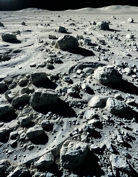 A high-resolution photograph of the Moon's surface, showcasing its rocky, cratered terrain with fine lunar dust. The foreground is dominated by detailed lunar regolith, with small rocks and uneven textures illuminated by the harsh, direct sunlight. Shadows are sharp and deep due to the lack of atmosphere. In the background, Earth appears as a vibrant blue and white sphere, partially illuminated, contrasting against the blackness of space. The composition is balanced, with Earth positioned slightly off-center to create a sense of depth and scale. The lighting is natural, with the Sun casting a bright glow on the lunar surface while leaving some areas in darkness, emphasizing the stark and desolate beauty of the Moon.
<lora:SDXLFaeTastic2400:0.4> <lora:extremely_detailed:0.4> extremely detailed, <lora:moon_surf4c3_v2:1>,moon surf4c3, Masterpiece,best quality,hi res,8k,hi res,8k,award winning,(sharp focus, intricate, highly detailed),