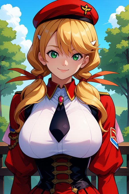 score_9, score_8_up, score_7_up, score_6_up, source_anime, 1girl, solo,  <lora:oldrinzevon-pdxl-nvwls-v1-000005:1> oldrin, blonde hair, low twintails, green eyes, red ribbon, red beret, white shirt, black necktie, red sleeves, red uniform, puffy sleeves, corset, red skirt, huge breasts, looking at you, upper body, light smile, blue sky, clouds, railing, portrait, trees