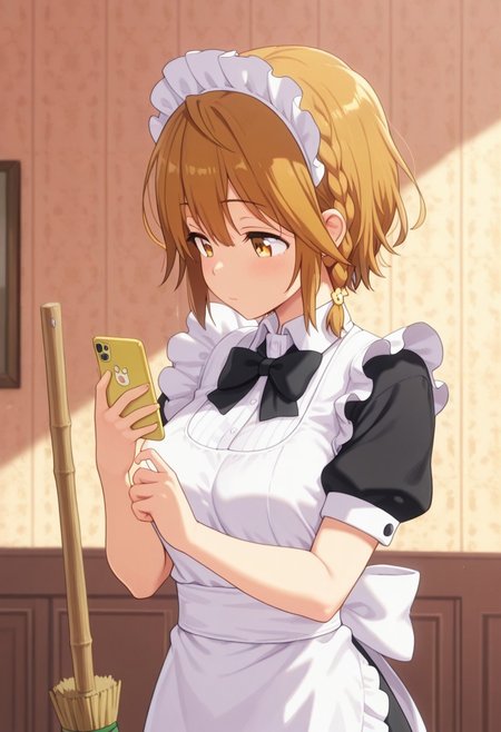 masterpiece,best quality,amazing quality, koiwai yoshino, short hair, braid, brown hair, 1girl, solo, phone, maid, cellphone, maid headdress, broom,  holding, bow, upper body