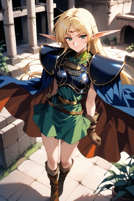 score_9, score_8,  score_7, score_6_up, score_5_up, from above, 
deedlit, circlet, shoulder armor, breastplate, green tunic, gold choker, arm_wraps, belt, brown footwear, boots, ruby circlet, gold line filigree decoration, short tunic, short skirt, 
1girl, long hair, blonde, elf, navy blue breastplate, navy blue shoulder armor, sleeveless, leather gloves, Cloak, green shirt, brown gloves, two-tone cape, long boots,long cape,
beautiful face, 24 years old,
smile, green eyes,
bangs,
record of lodoss war,
cowboy shot, 
ruins,
<lora:Degen_Deedlit_v1:0.55>,  <lora:TOO_NobuteruYuuki_v3B_PonyXL:0.55>,  <lora:PirotessXLpony001:0.3>,  <lora:Urushihara Satoshi_XL_PONY_V2:0.4>,  <lora:Sinozick_Style_XL_Pony:0.2>,  <lora:DefaultZ17:0.2>,  <lora:style1:0.2>,   <lora:pixivtext2:0.2>
