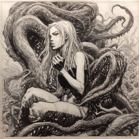 drawix17 girl embraced by a creature with tentacles, black ink, very detailed<lora:drawix17:1>