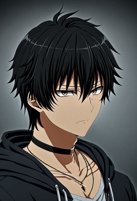 high resolution, solo, best quality, 1Boy, Seiya Kanie, black hair, short hair, thin, bangs, necklace, choker, hair between eyes, Hoodie, OverallDetail