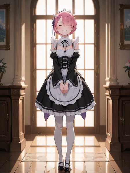 perfect quality,high quality,masterpiece,best quality,amazing quality,very aesthetic,absurdres,Cinematic Lighting,newest,Tactical use of shadow,
front view,full_shot,Raised cheeks with closed eyes (smiling with joy),
RAMCYQL,1girl,solo,short hair,bangs,pink hair,hair over one eye,red eyes,hair ornament,x hair ornament,maid headdress,ribbon,hair ribbon,purple ribbon,maid,roswaal mansion maid uniform,black dress,detached sleeves,long sleeves,apron,waist apron,white apron,frills,pantyhose,white pantyhose,mary janes,black footwear,cleavage,
full body,standing,v_arms,,
deeppink background,simple background,
<lora:spo_sdxl_10ep_4k-data_lora_webui:0.5>,<lora:EtherSDXL:0.6>,EtherStyle,<lora:illustrious_quality_modifiers_masterpieces_v1:0.7>,<lora:RAMCYQL:1>,