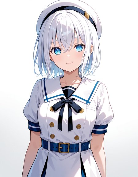 <lora:kurata_mashiro_noobXL-000011:1>, kurata mashiro, white hair, 1girl, solo, school uniform, puffy short sleeves, dress, buttons, black ribbon, neck ribbon, white sailor collar, blue belt, black belt, white dress, light smile, breasts, light blush, looking at viewer, white hat, arms at sides, gradient background, grey background, black shirt,, very awa, masterpiece, best quality, highres, absurdres, newest,