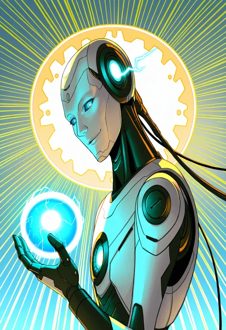 masterpiece, best quality, very aesthetic, absurdres,   <lora:TTPhuman_IL:0.9> TTPhuman, 1other, male, solo, mecha, science fiction, straight-on, alien, non-humanoid robot,  blue eyes,  science fiction, metal skin,  apple, profile,  from side, upper body, holding, orb, colored sclera, holding food,mecha, aqua eyes,  cable,  looking up, energy ball, gears,  energy, open hand,glowing eye, unmoving pattern, closed mouth, hand up, broken, long hair, open mouth,  expressionless, looking down, looking at viewer, portrait, blue sclera, striped background,sunburst background, electricity, floating, crack, looking ahead, holographic interface, sun,  plaid, nose, smile, neon trim,  surreal
