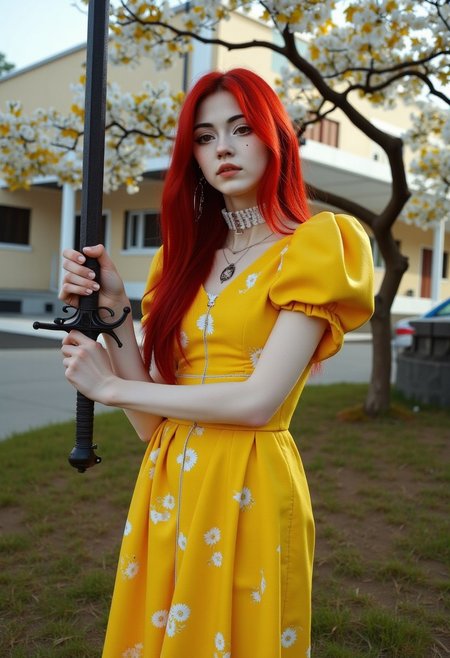analog film photo (art by Zdzislaw Beksinski). baroque style. young woman KTNK. mechanical. giant cyberpunk sword. epic, glorification, backlit, god rays. The woman, with striking long, vibrant red hair, is dressed in a knee-length, yellow dress with a subtle white floral pattern. The dress has short, puffed sleeves and a V-neckline, fitting her slender physique. faded film, desaturated, 35mm photo, grainy, vignette, vintage, Kodachrome, Lomography, stained, highly detailed, found footage