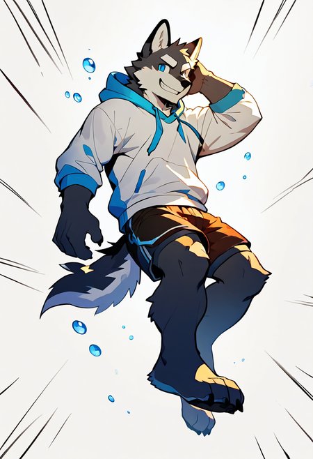 <lora:CharlinMixStyle_v3:1>,
animification,1 tail,solo,full body,
furry,furry male,bara,anthro,kemono,
wolf male,black fur,blue eyes,white eyebrows,
masterpiece,best quality,amazing quality,very aesthetic,huge filesize,
white background,falling down,floating,in air,floating hair,Bubbles,refracted sunlight,light spots,sadness,lowered head,
(high contrast:1.1),light leaks,foreshortening,
hoodie,shorts,grin,lineart,emphasis lines,
