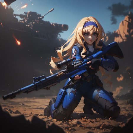 score_9, score_8_up, score_8_up, raw,  
cecilia, bluetears, 
arcan3styl3v1, blurry background, depth of field, outdoors, kneeling, rifle, aiming, firing rifle, battlefield, explosions, 43stl1ght1ng, low light, dramatic lighting, darkness,