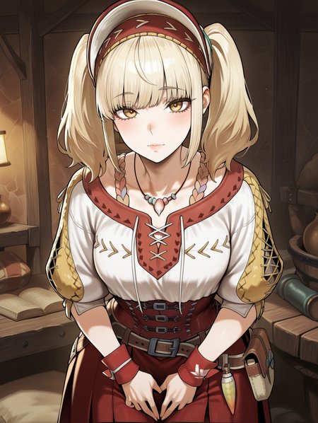 1girl,solo,monster hunter \(series\),lips,blonde hair,twintails,red headdress,red necklace,red cross-laced clothes,red corset,red wrist cuffs,brown belt,red long skirt,indoors,looking at viewer,hands on own crotch,
masterpiece,best quality,amazing quality,very aesthetic,absurdres,newest,<lora:Felicita & Clerk Suit Armor illuXL v1:0.75>,