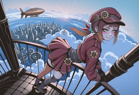 dhjs, bnl0,
1girl, brown hair, low ponytail, sidelocks, hair ribbon, aqua eyes, bright pupils, multicolored hair, gradient hair, two-tone hair, hair ornament, too many hair ornaments, hairpins, hair bobbles, masterpiece, best quality, absurdres,
steampunk, gears, steampunk dress, asymmetrical skirt, cropped jacket, cabbie hat, gloves, boots, thighhighs, asymmetrical legwear,
lipgloss, blush, makeup,
outdoors, landscape, city, clouds, above clouds, sunlight, aircraft, airship, dirigible, railing,
solo, from above, wide shot, full body, smile, looking at viewer, hands on railing, arched back,
intricate, highly detailed, majestic, shallow depth of field, movie still, circular polarizer, light particles, particles