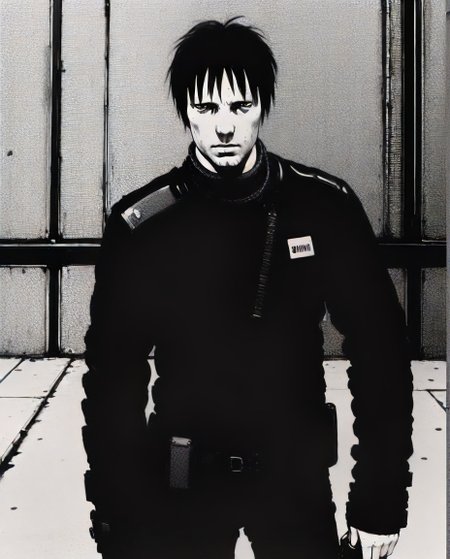 man , full body, <lora:blame5:1>blm, view, city, killy, gun in hand