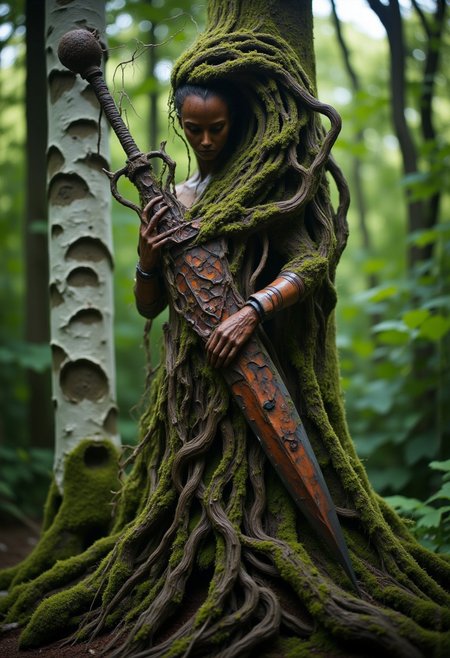rootform, a pristine white birch tree Woman Holding a giant sword Made of wood with billowing Hair Made of branches with Green leafs and an lower Body Made of roots coming from the ground, Mossy birch Forest, intricate black and White birch bark, Piercing Look,