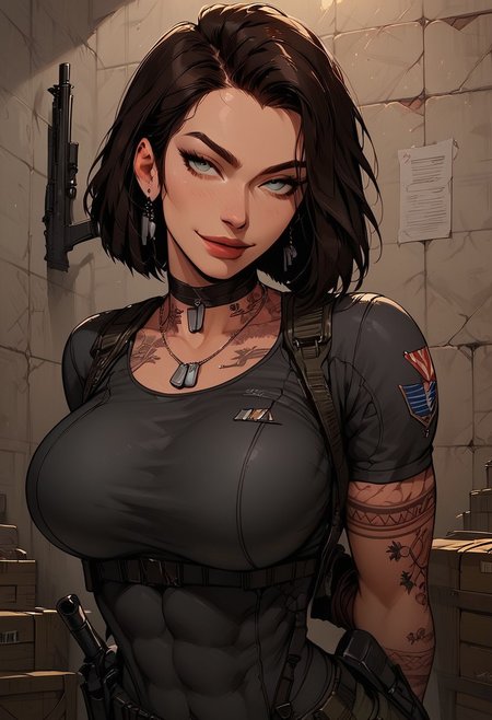 Score_9, Score8_up, Score_7_up, (((High Resolution, Best Quality))), 
1girl, solo, toned arms, Covered in Tattoos, neck tattoos, hair tied up, 
revealing bodysuit, tactical, military gear, large breasts, choker, dog tags, ear piece, 
seducing, seductive, flirty, tender, loving, playful, looking at viewer, smug, 
Leaning against wall, holding gun, inspecting gun,  
inside, Military, military base, military barracks, cots, crates, military boxes, guns, bullets, supplies,