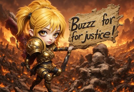 MythAn1m3, R3alisticF, 
In a world of destruction and blazing hell, 1 chibi girl warrior hold a sign asking "Buzzz for justice".
She is blonde, cute and wears an armor of hope.