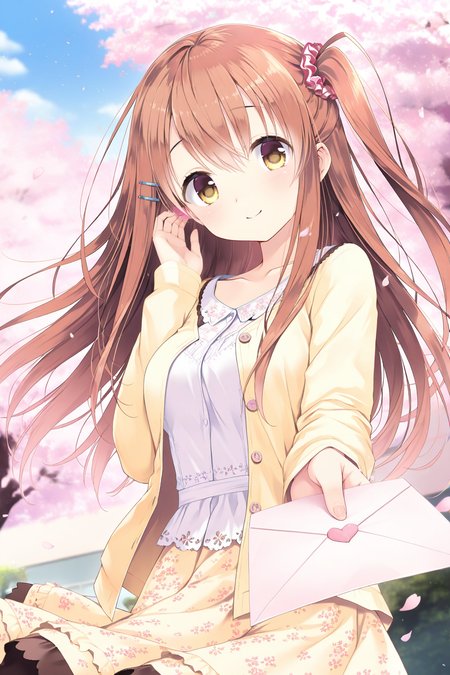 masterpiece,best quality,amazing quality,highres,scenery,newest,1girl,official style,sena, brown hair, hair ornament, long hair, hairclip, yellow eyes, bangs, one side up, hair between eyes,sena daily, dress, hairclip, scrunchie, floral print, hair scrunchie, collarbone, yellow cardigan,yellow skirt,  <lora:kaokake-sena1-V4-000022:1>,outdoors,smile,looking at viewer, upper body,cherry blossoms,from below,love letter,holding letter,incoming letter,(hand on own ear), wind,(falling petals:1.2),floating hair,