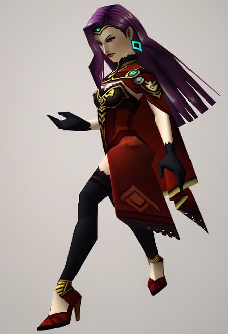 score_9, score_8_up, score_7_up, source_anime, BREAK 1girl, <lora:zs_N64ZeldaStyleXL:1> n64zeldastyle, 3d, polygonal, white background, full body, <lora:sonya-pdxl-feg:1> mlsonog, black gloves, capelet, circlet, cleavage, dangle earrings, long hair, purple hair, red dress, strapless dress, high heels, red lips, red eyes, thigh highs